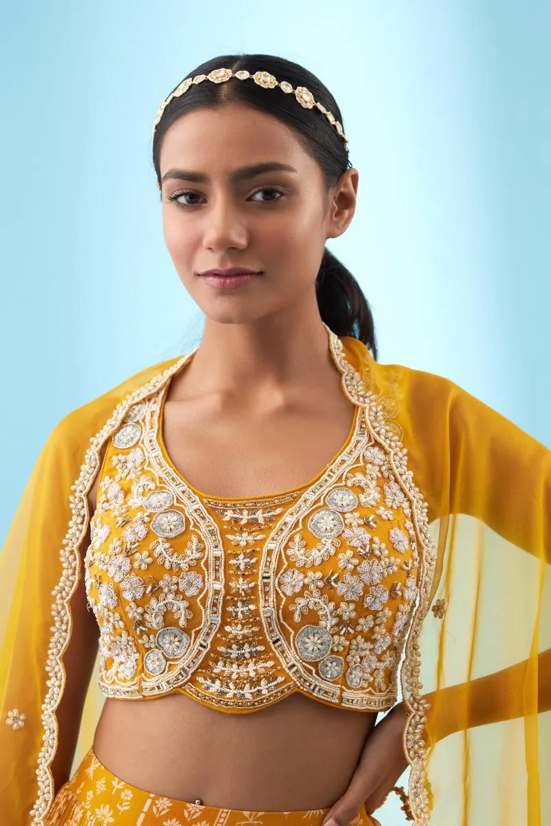 Mustard Printed Georgette Lehenga