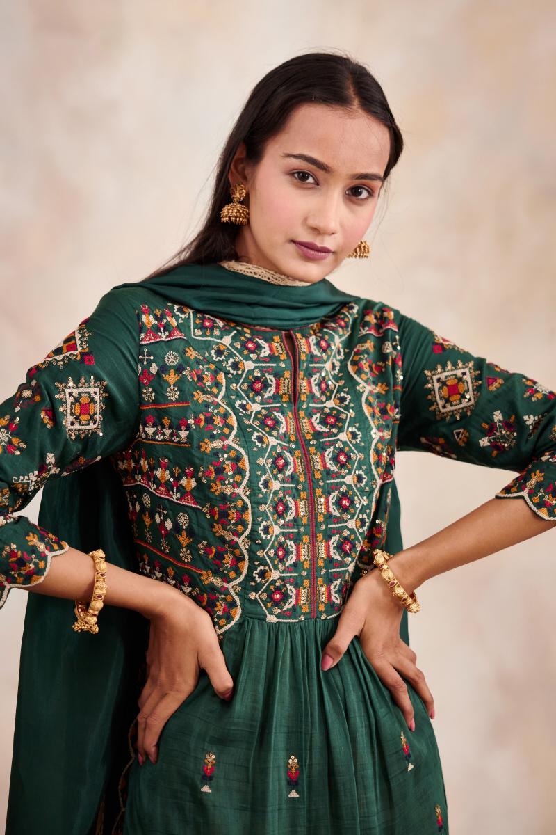 Green Self Design Silk Suit Set