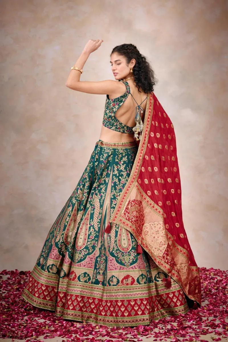 Cypress Green Banarasi Silk Lehenga