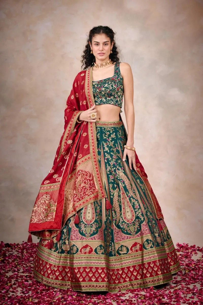 Cypress Green Banarasi Silk Lehenga