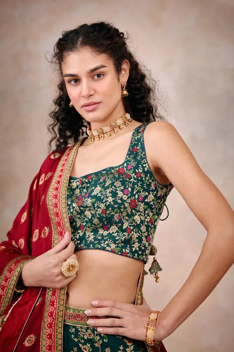 Cypress Green Banarasi Silk Lehenga