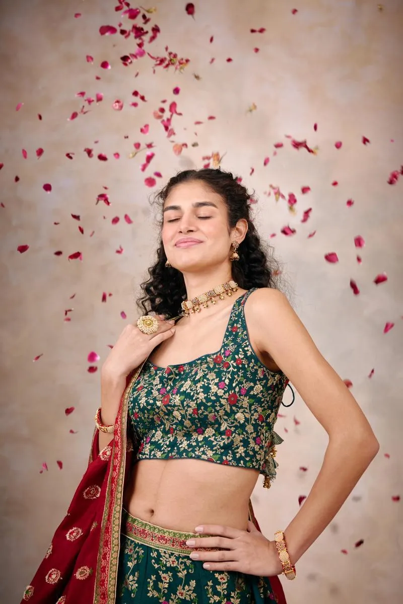 Cypress Green Banarasi Silk Lehenga