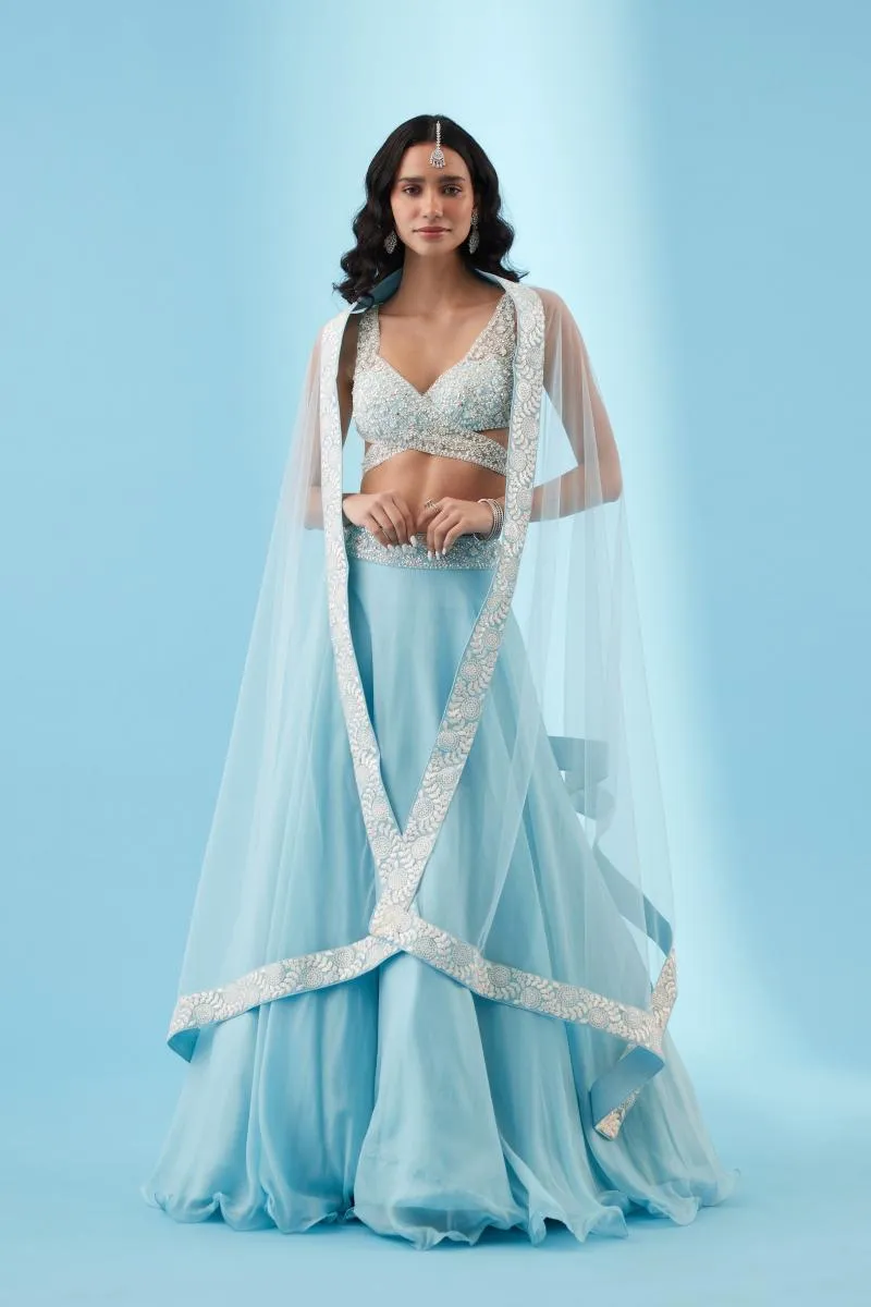 Arctic Blue Organza Lehenga