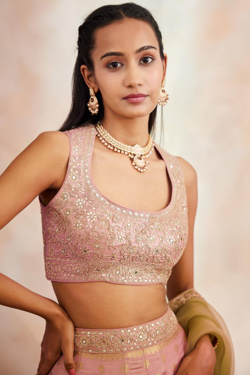 Pink Banarasi Silk Lehenga Set with Gold Zari Work