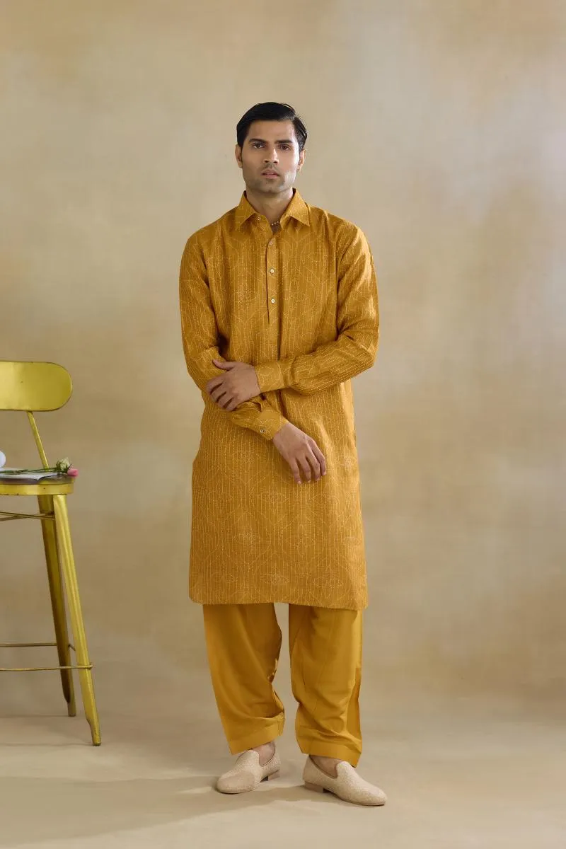 Mustard Pathani Kurta Set