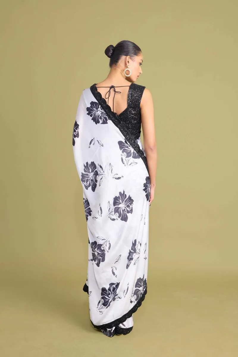 Ivory-White Satin Saree
