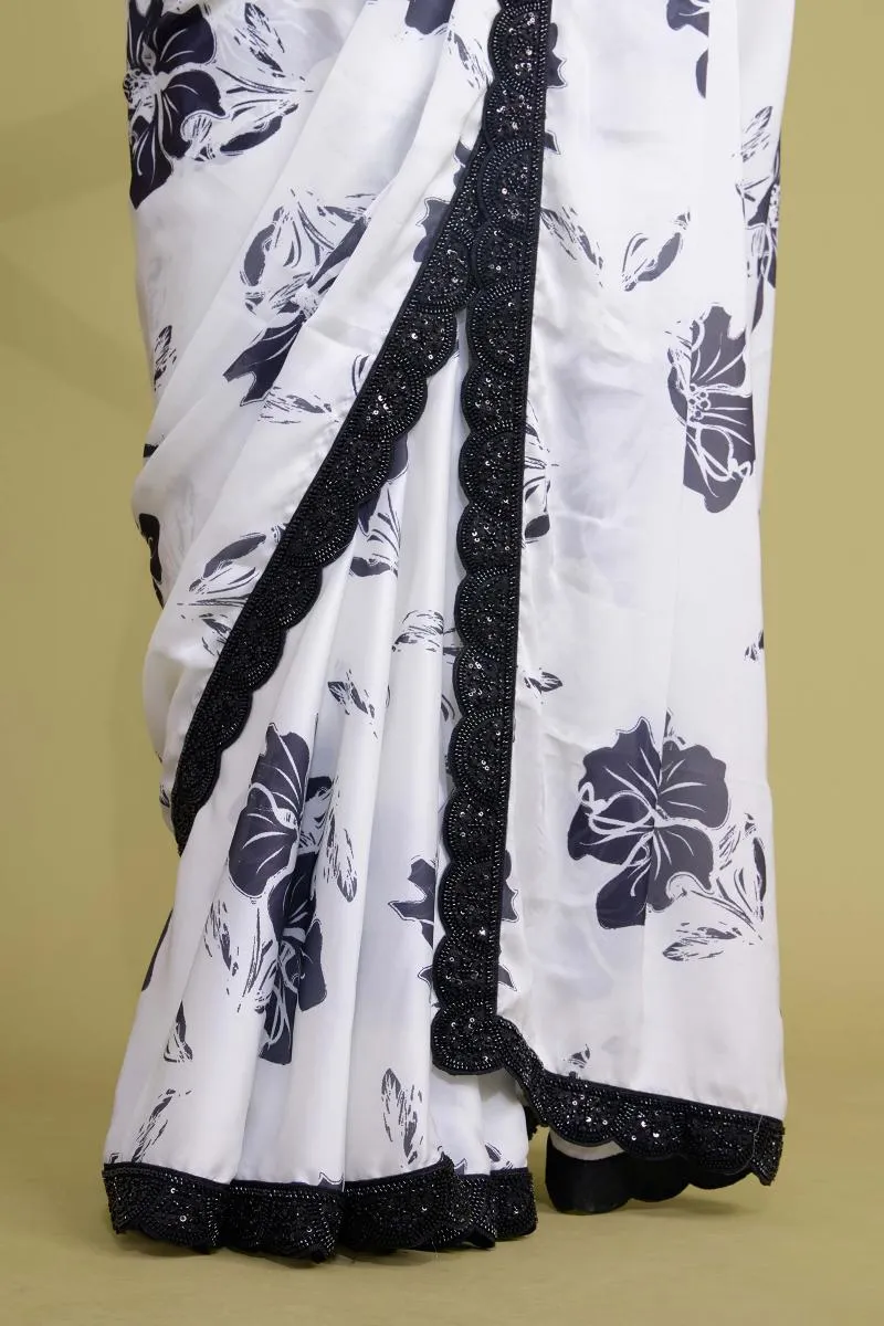 Ivory-White Satin Saree