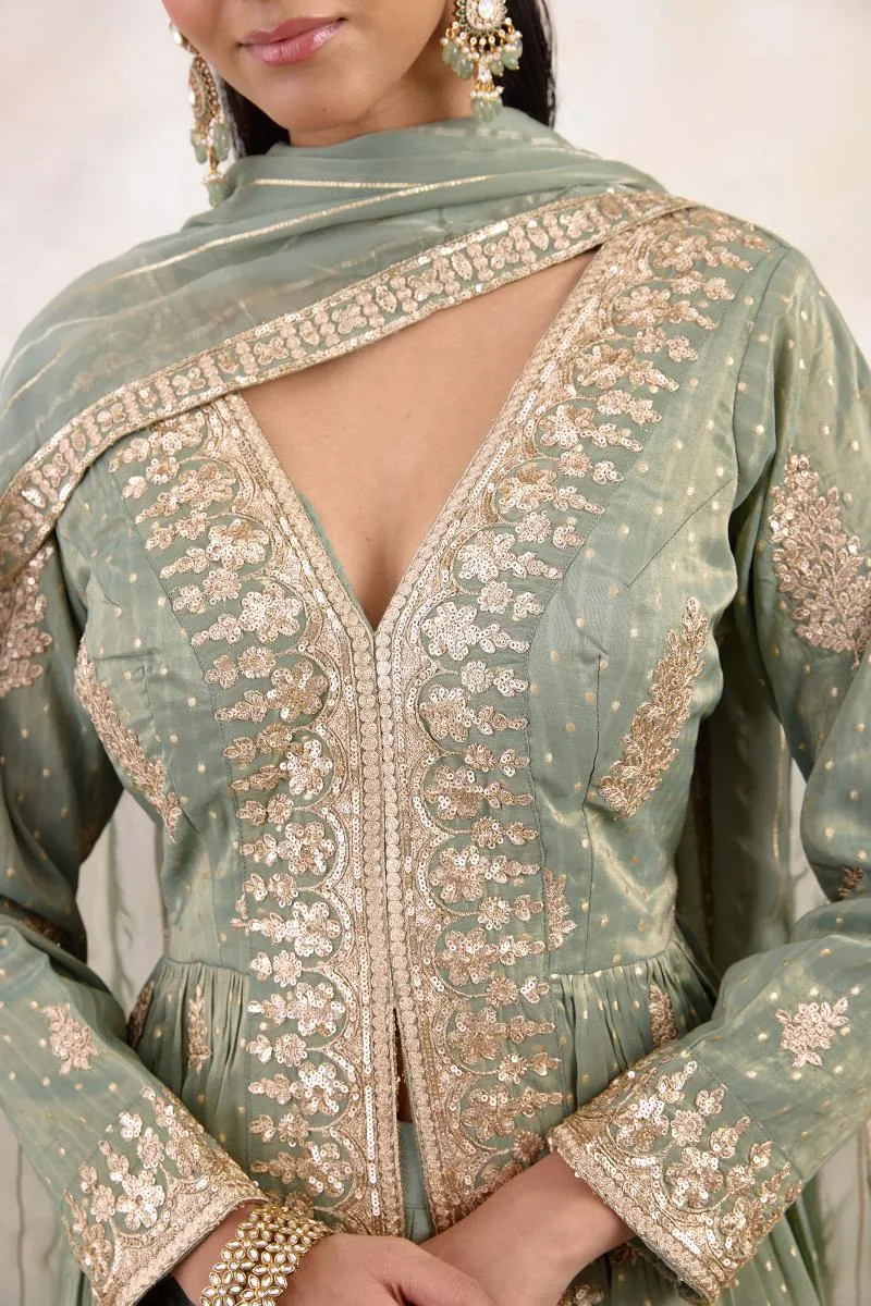 Olive Mist Tissue Sharara Set