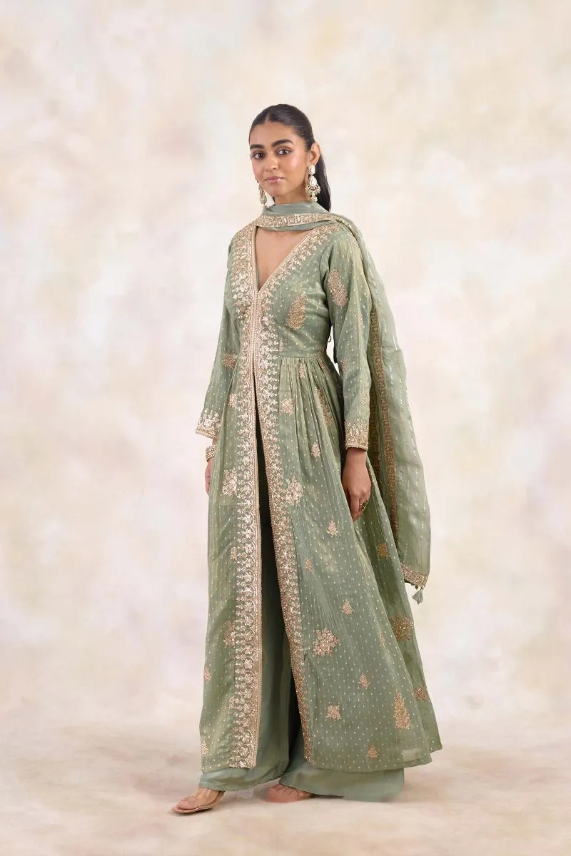 Olive Mist Tissue Sharara Set