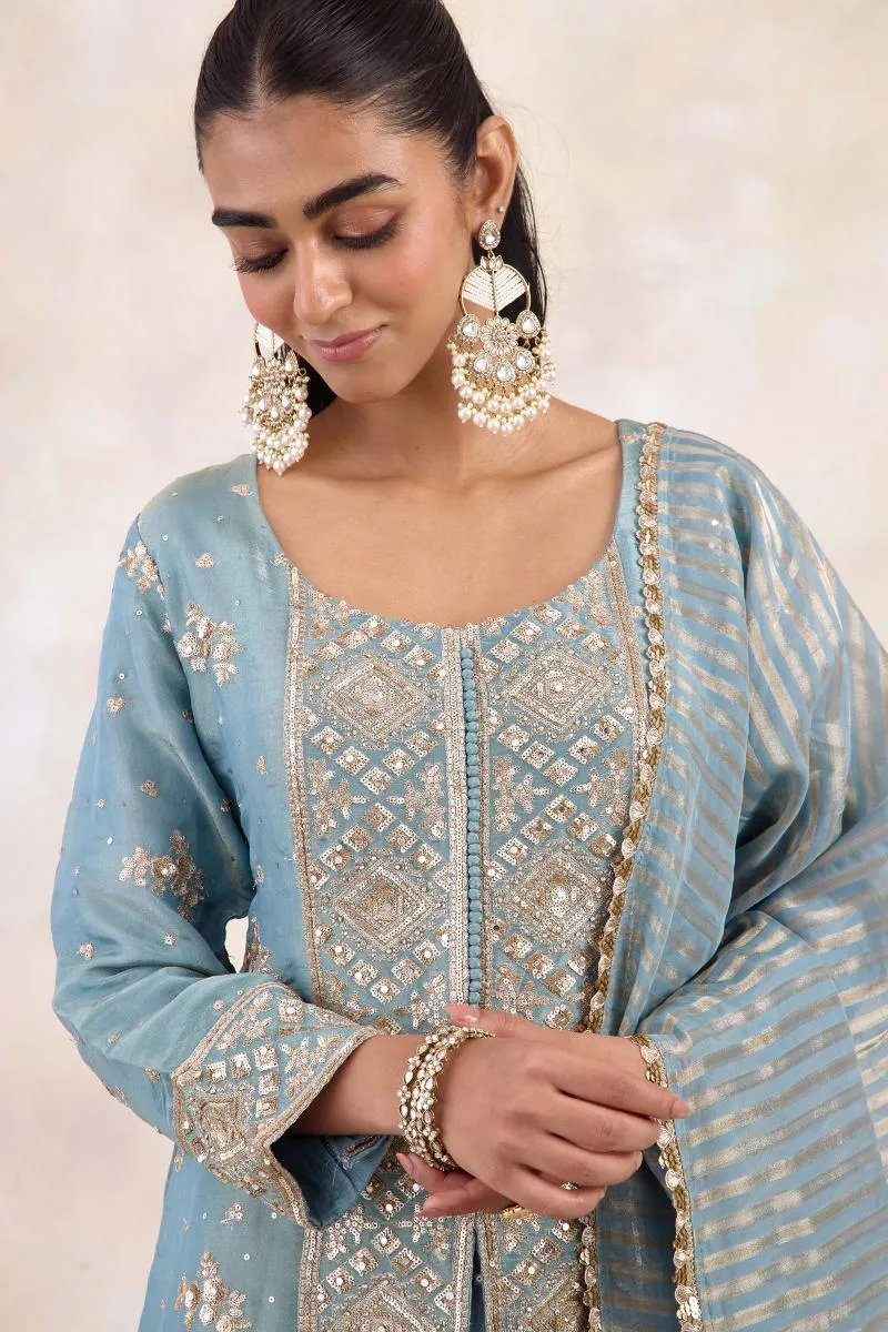 Dusty Ocean Tissue Lehenga Set