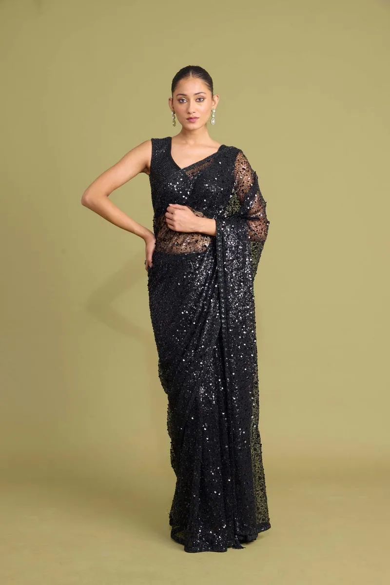 Pure Black Net Saree