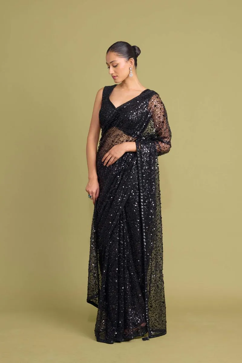 Pure Black Net Saree
