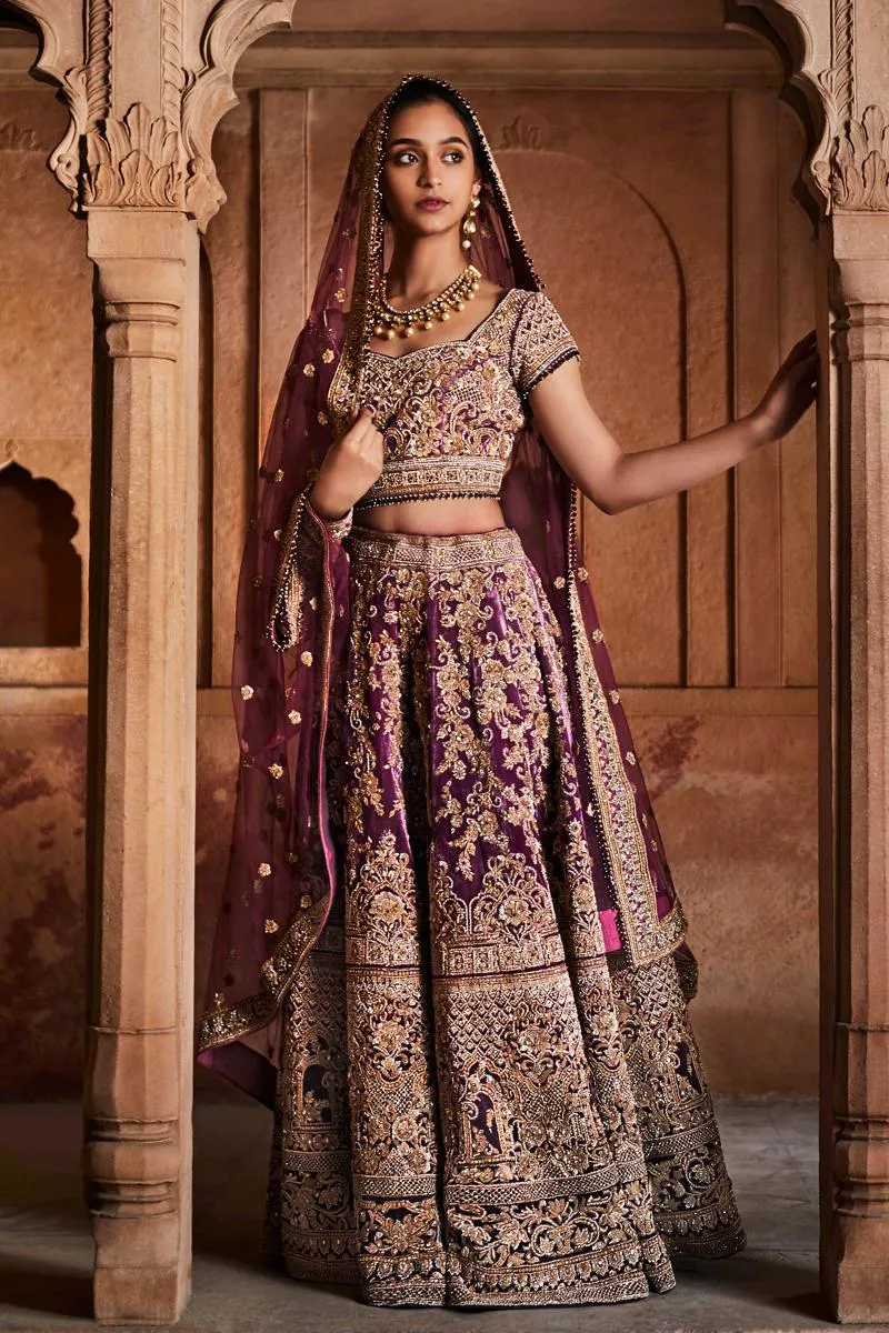 Dark Mauve Embroidered Bridal Lehenga