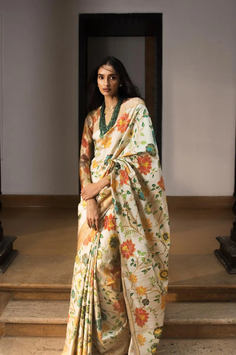 Ivory Paithani Silk Sari