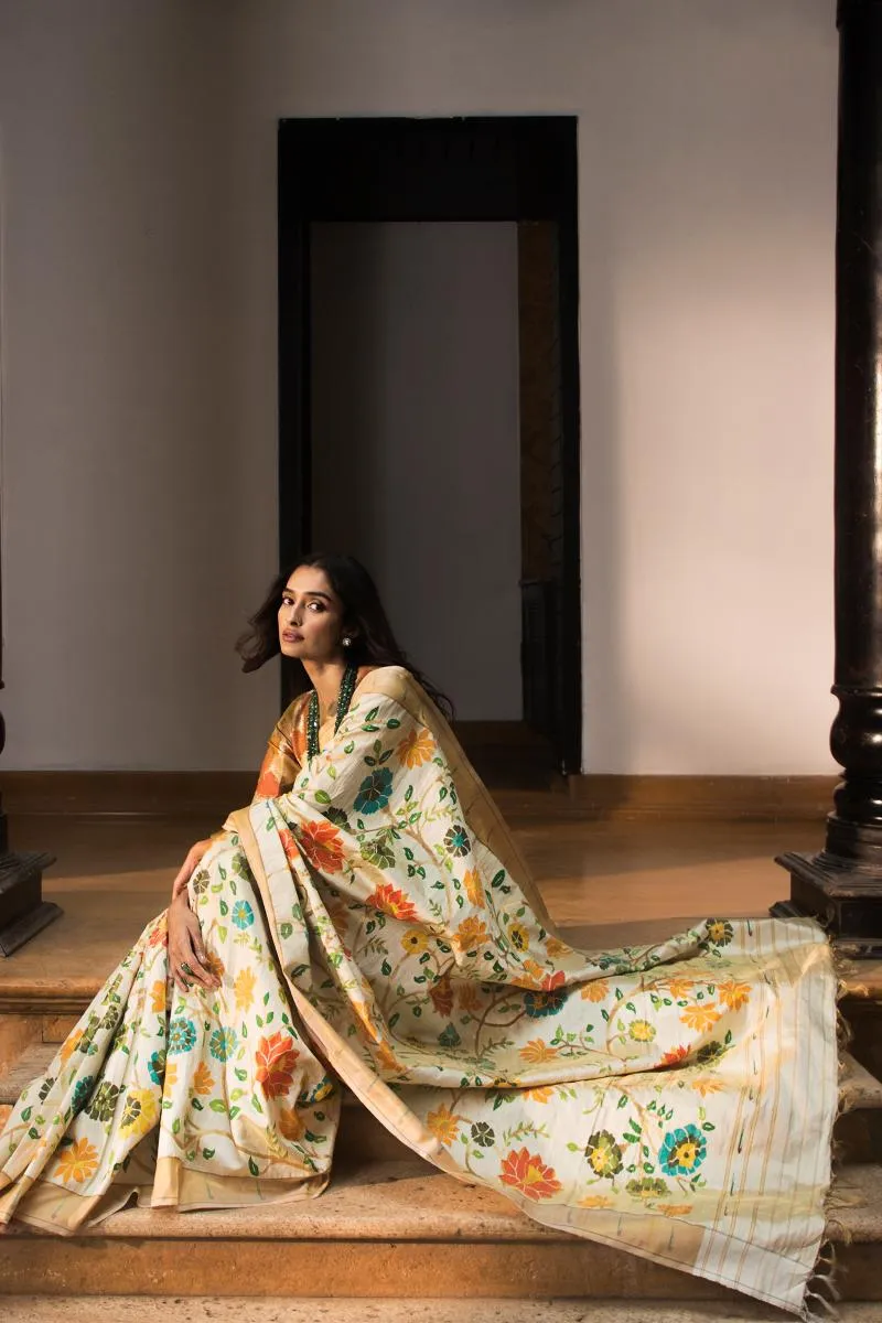 Ivory Paithani Silk Sari
