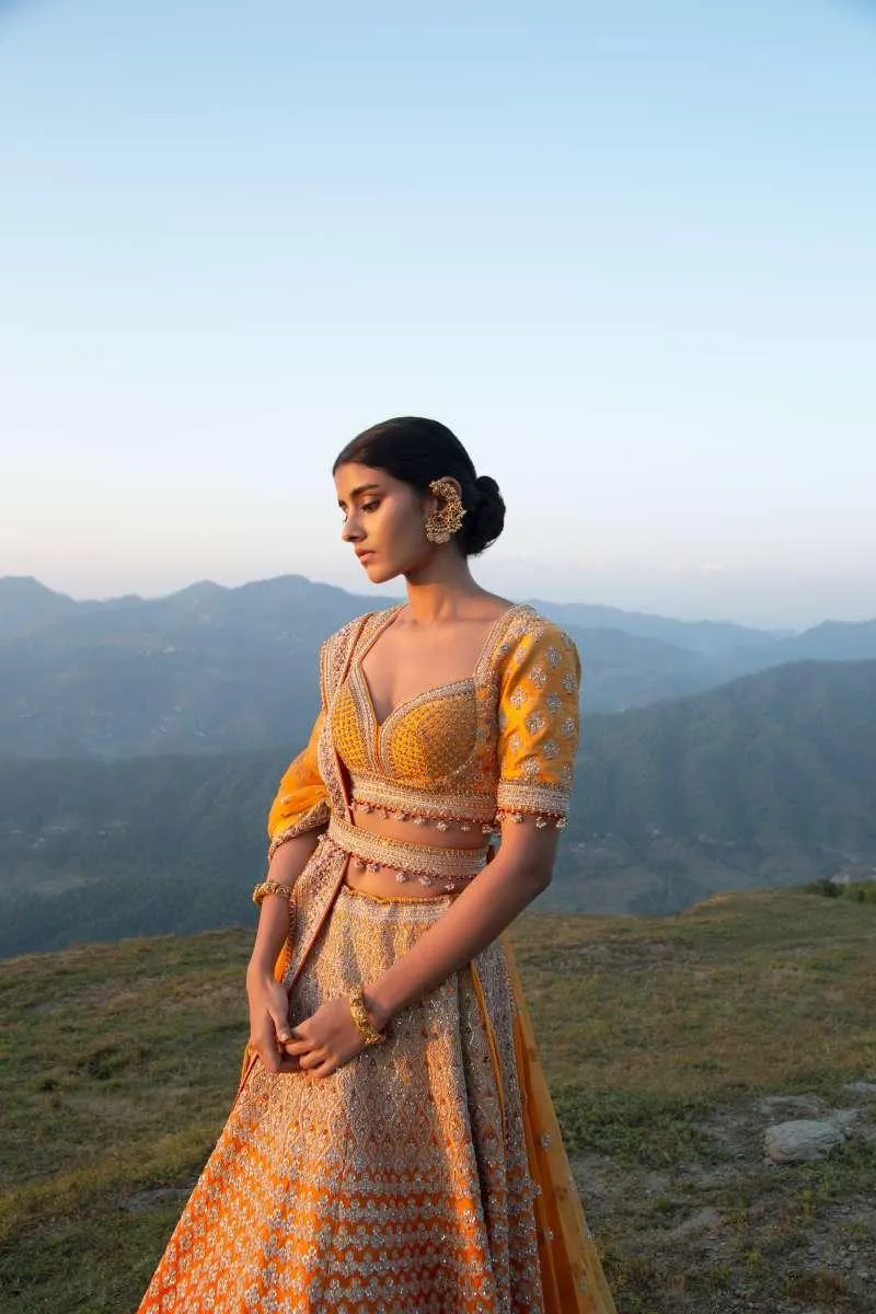 Red And Yellow Ombre Silk Lehenga