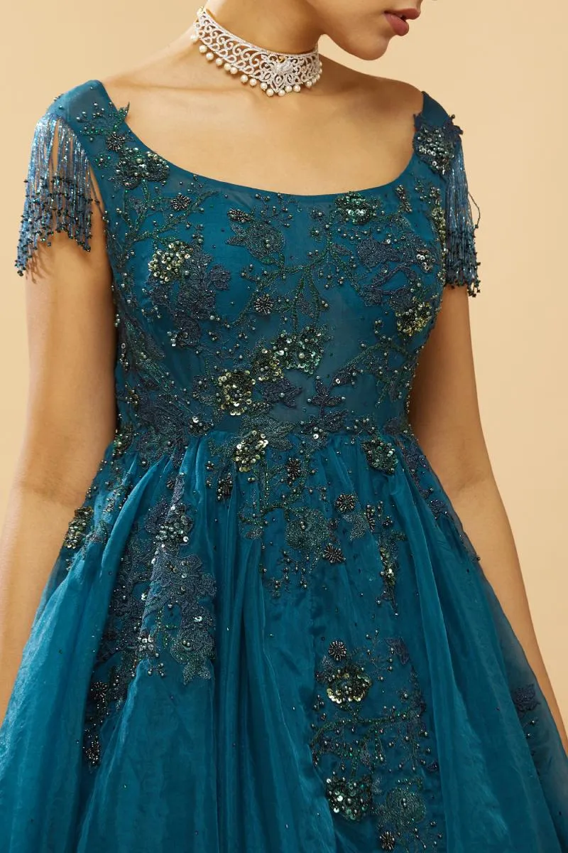 Teal Blue Embroidered Gown
