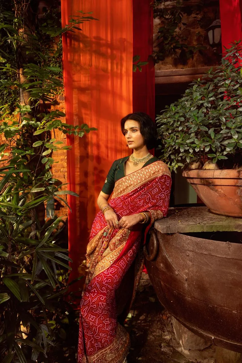 Red Bandhani Georgette Saree