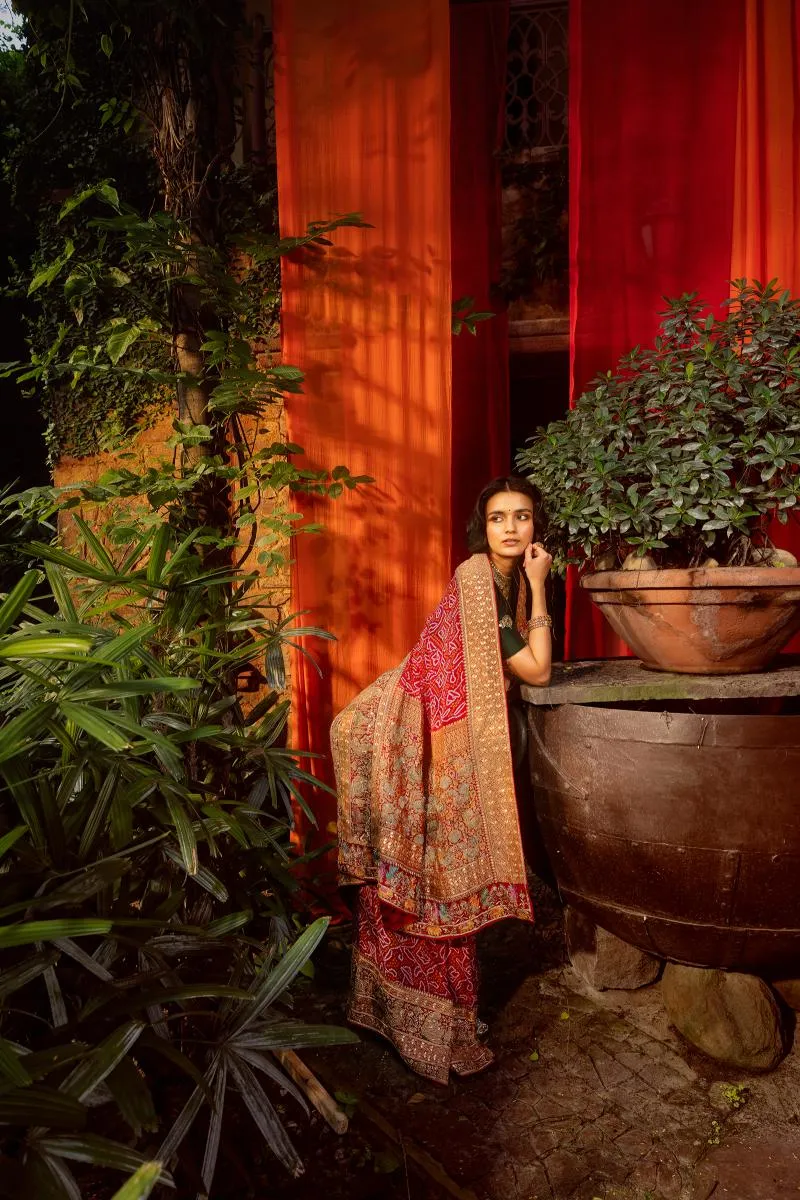 Red Bandhani Georgette Saree