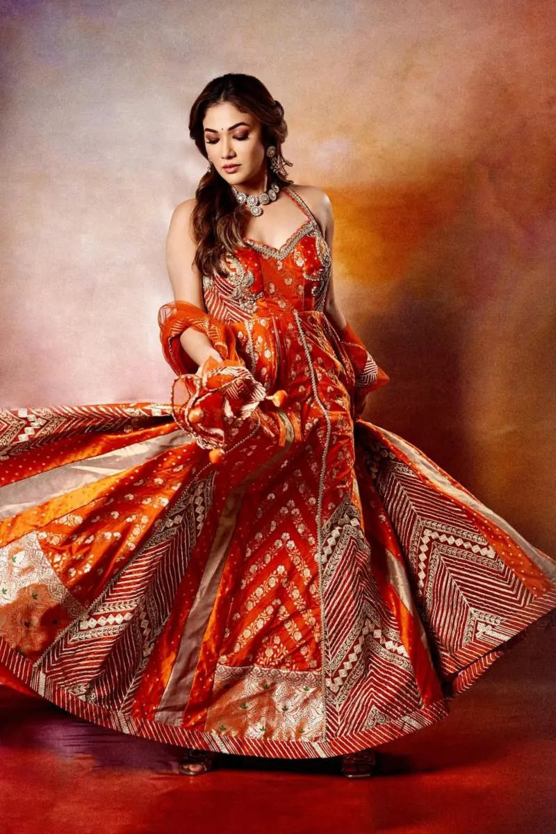 Orange Slik Anarkali Set