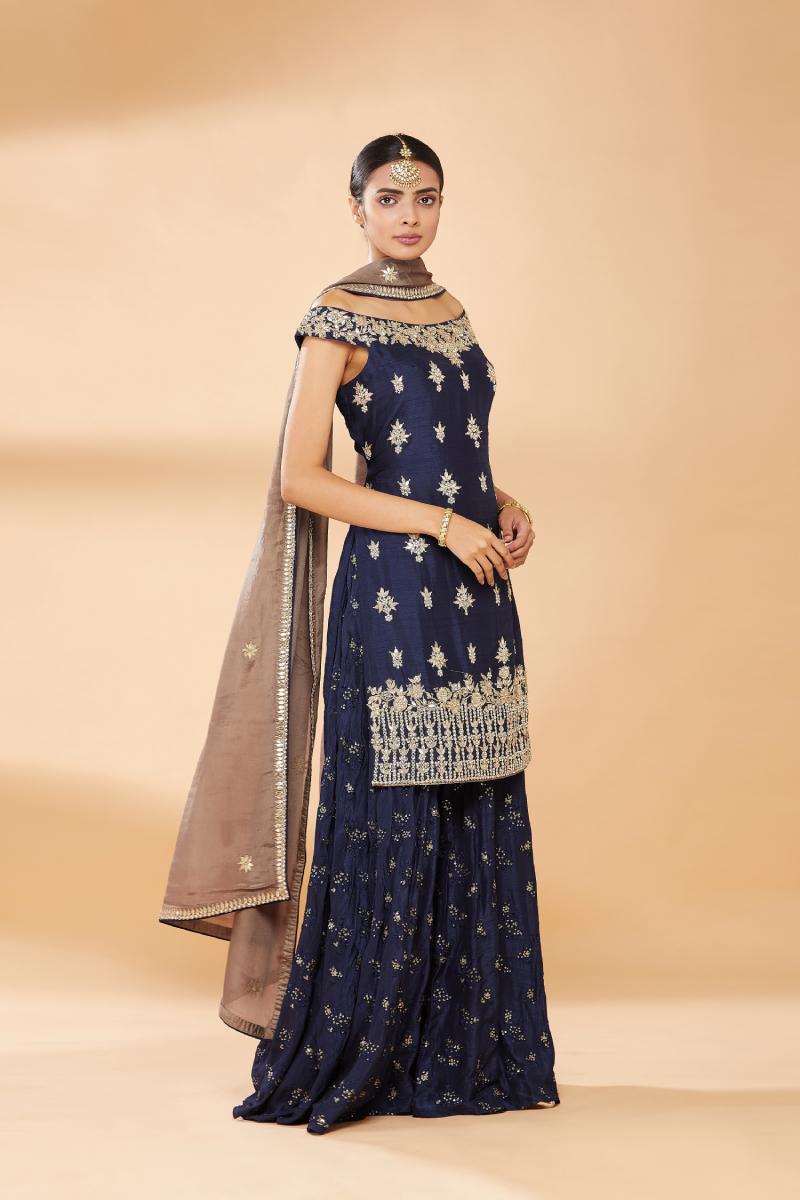 Peacock Blue Embroidered Sharara Suit with Organza Dupatta – Elegant Festive Wear