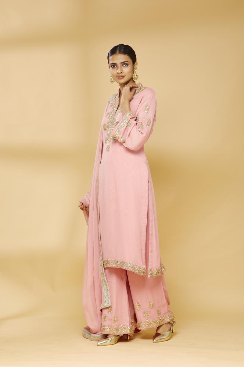 Girls Pink Embroidered Kurta With Palazzos