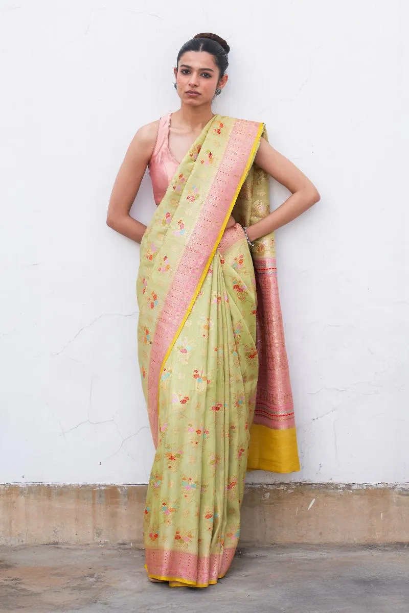 Apple Green Monga Tussar Silk Saree