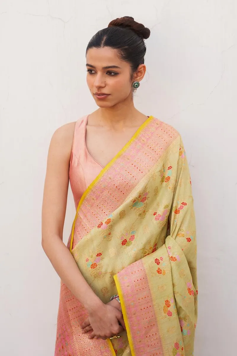 Apple Green Monga Tussar Silk Saree